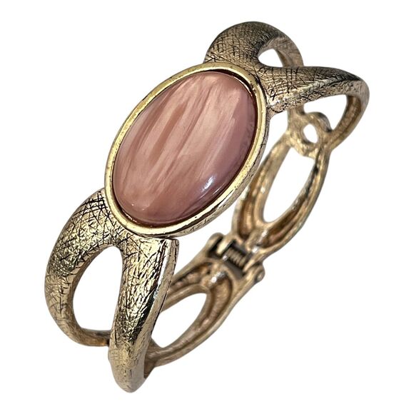 Designer Statement Bracelet Pale Pink Iridescent Center Textured Gold Tone 8U - Picture 2 of 3